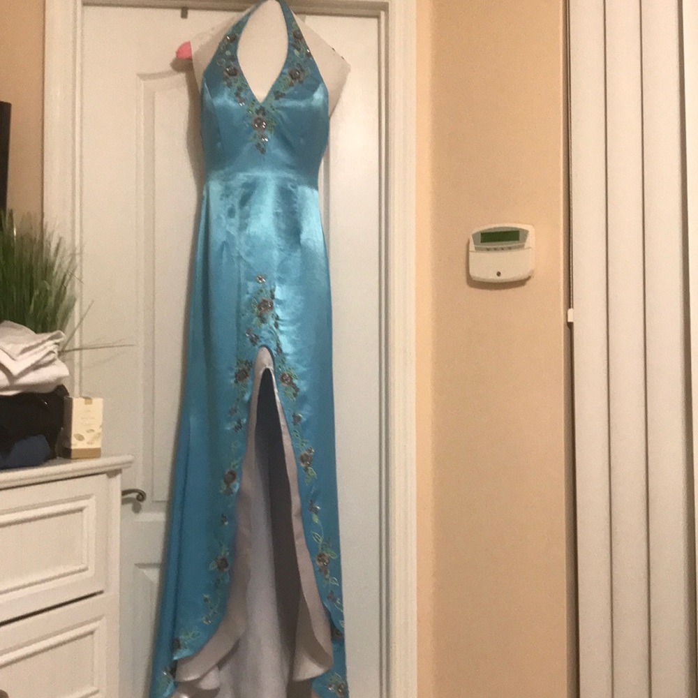 Blue and gray custom evening gown